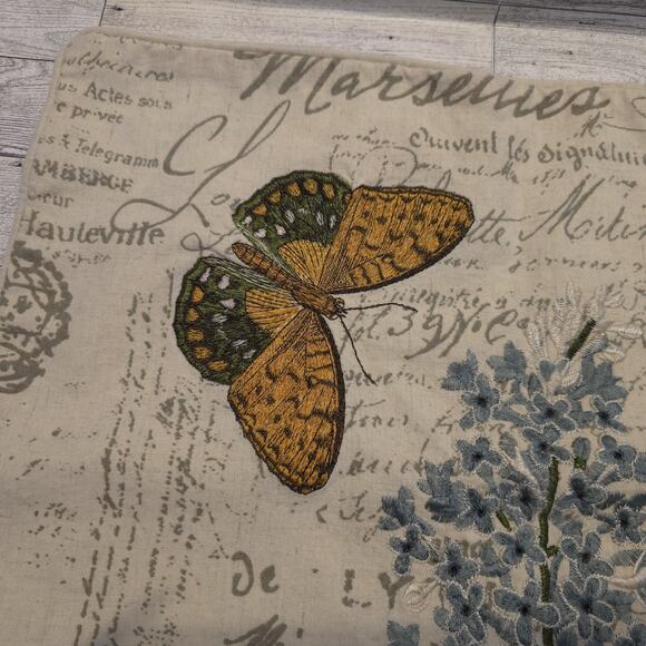 Pier 1 Embroidered Butterfly And Blue Flower Pillow Cover NO INSERT - Picture 3 of 13